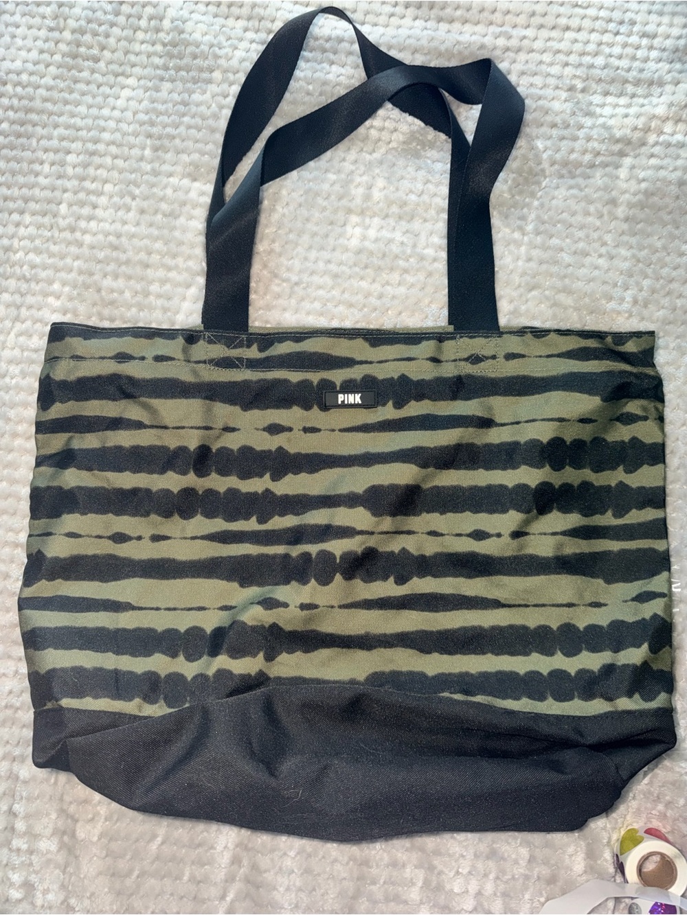 PINK Victoria's Secret Green and Black Striped Canvas Tote